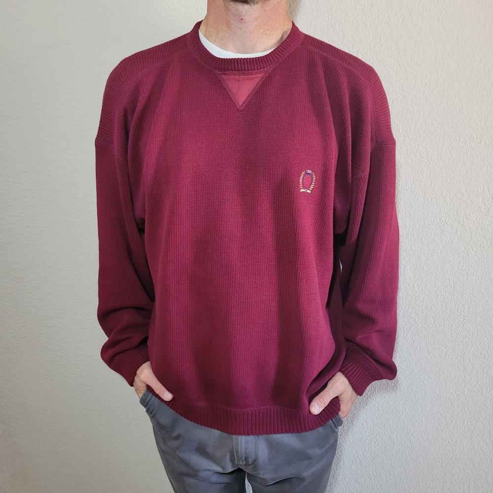 Vintage Tommy Hilfiger Mens Red Sweater Large Maroon Chunky Heavy Knit Crew Neck